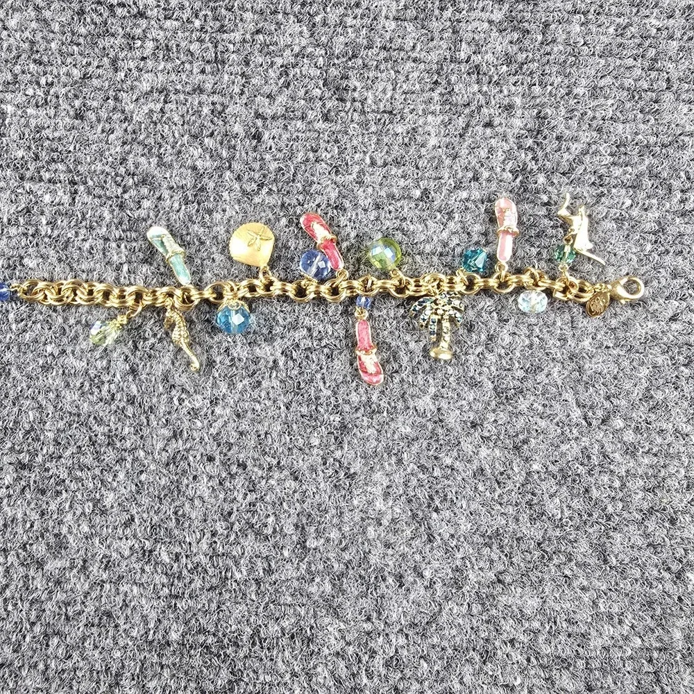Vintage Kirks Folly Beach Charm Bracelet Flip Flops Palm Seahorse‎ Gold Tone